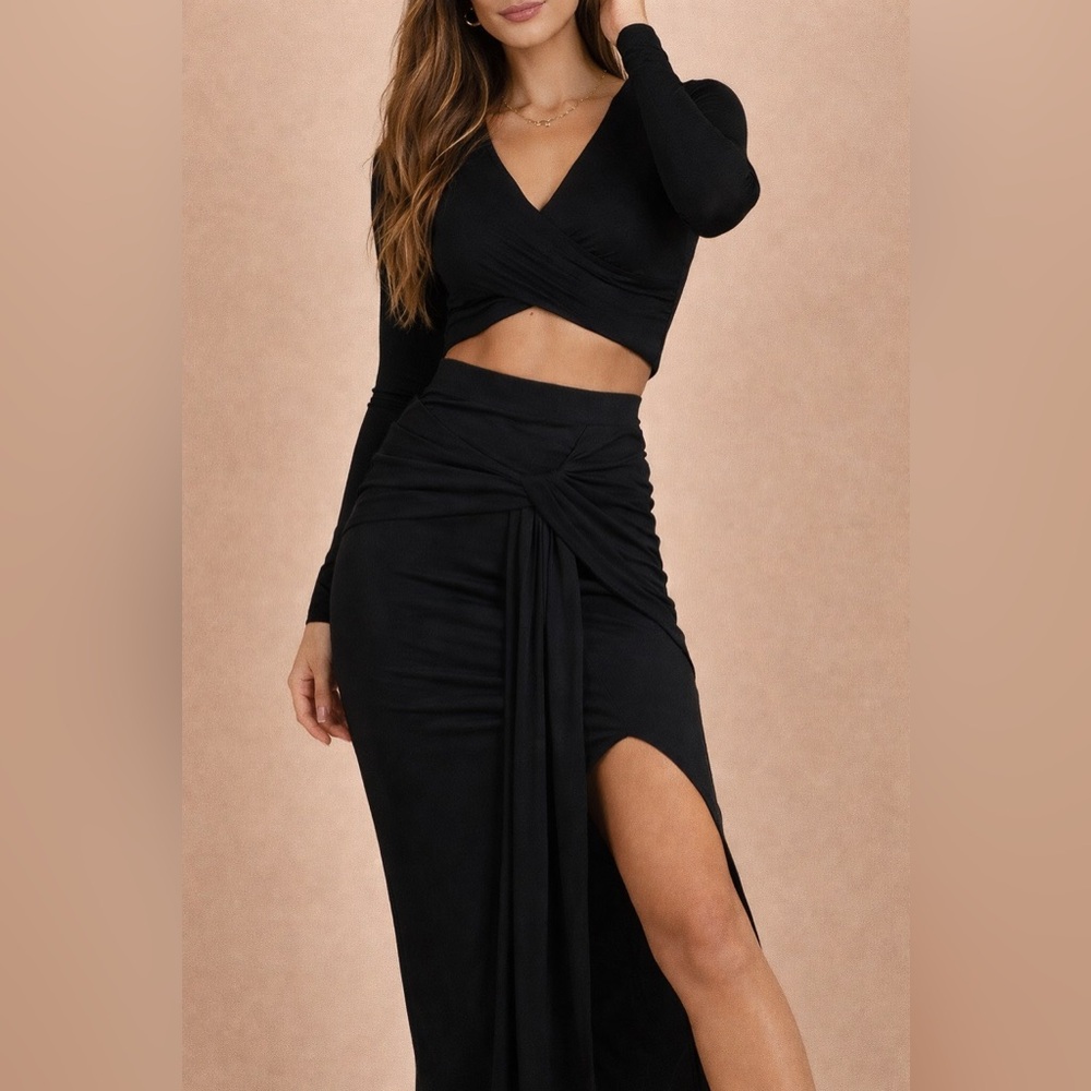 NWT SNDYS. Lucia Black Two Piece Set Wrap Crop Top + Midi Skirt Size S - Picture 2 of 9
